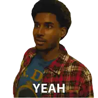 a man in a plaid shirt says yeah on a white background