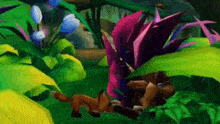 a fox is walking through a lush green forest surrounded by plants .