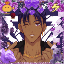 a picture of a man surrounded by purple flowers and hearts has the word picmix on the bottom