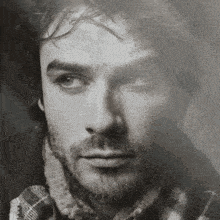 a close up of a man 's face with a beard