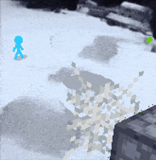 a pixel art of a snowy scene with a blue stick figure and a green figure