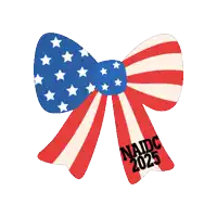 a red white and blue bow that says naidc 2025 on it