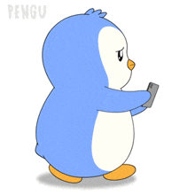 a cartoon penguin is holding a cell phone and the word pengu is on the bottom