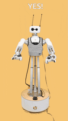 a robot with a striped shirt on is on a yellow background with the word yes above it