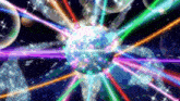a disco ball is surrounded by a rainbow of lights and stars