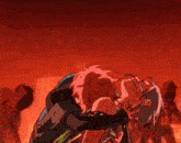 a couple of anime characters standing next to each other in front of a fire .