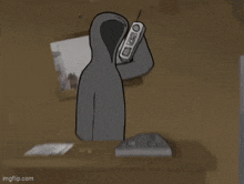 a cartoon of a person in a hoodie talking on a cell phone