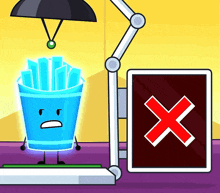 a cartoon drawing of a bucket of french fries next to an x sign