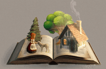 an open book with a house and trees on it