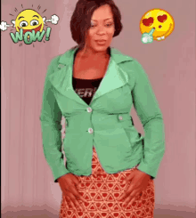 a woman is wearing a green jacket and a red skirt and says i believe