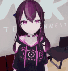 a girl with purple hair is wearing a shirt that says void on it