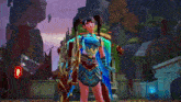 a woman with blue and green wings is holding a sword