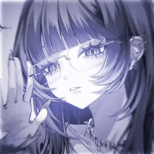a black and white drawing of a girl wearing glasses and a choker