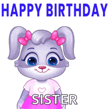a cartoon rabbit is holding a bouquet of flowers and saying happy birthday sister .