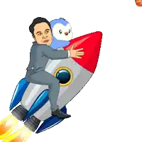 a man in a suit is riding a rocket with a stuffed penguin on it