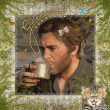 a picture of a man drinking a cup of coffee with the words good morning on it