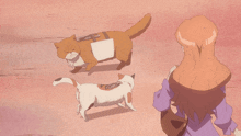 a woman stands in front of a circle of cats on a pink background