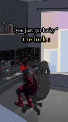 a cartoon of a man sitting in front of a computer with the words " you just got lucky the luck "