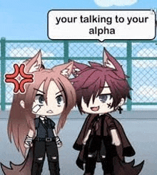 a boy and a girl are standing next to each other in front of a fence and talking to each other .