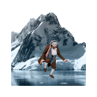 a man in a brown coat is jumping over a body of water