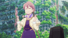 a girl in a purple dress is dancing in front of a building with trees in the background