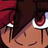 a close up of a cartoon character 's face with red and white eyes