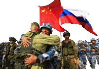two soldiers are hugging each other in front of a russian flag
