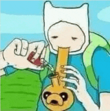 a cartoon character is smoking a bong with a dog on it .