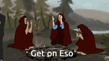a cartoon of a group of people sitting around a fire with the words get on eso above them