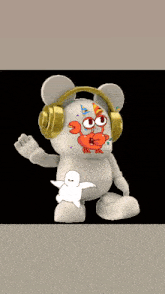 a white teddy bear wearing headphones and a party hat with crabs on it 's face