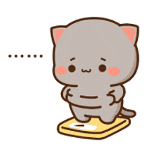 a cartoon cat is standing on a scale and looking sad .