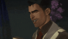a man in a suit and tie is smiling and looking at something