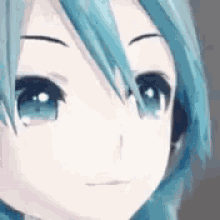 a close up of a anime girl 's face with blue hair and headphones .