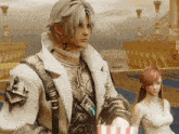 a man in a white coat is holding a bag of popcorn next to a girl in a white dress