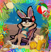 a pixel art of a bunny sitting on a beach with picmix in the corner