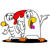 a cartoon of two chickens standing next to each other and pointing at something .