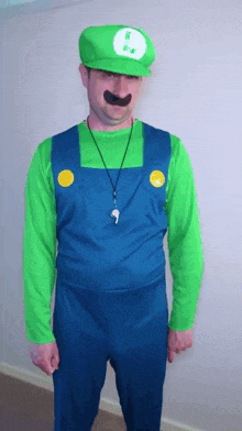 a man in a luigi costume with a whistle