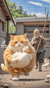 a cat is carrying a duck while a man holds a stick in the background