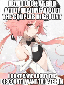 a girl with pink hair and a bow tie is wearing a tuxedo .