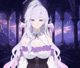 a girl with long white hair and purple eyes is standing in front of columns