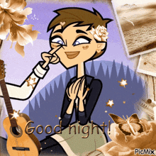 a cartoon of a girl with a flower in her hair and the words good night