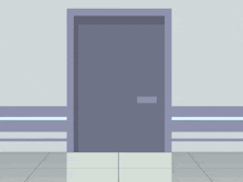a blue ball with a smiley face on it is standing in a doorway