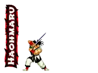 a video game character is holding a sword in front of a sign that says haohmaru