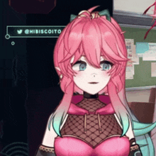 a girl with pink hair is standing in front of a sign that says @hibiscosito