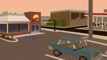 a cartoon illustration of a car driving past an eps burger restaurant