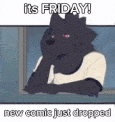 a cartoon of a werewolf looking out a window with the words it 's friday new comic just dropped
