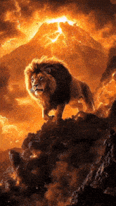 a lion is standing on top of a rocky hill with a volcano in the background .