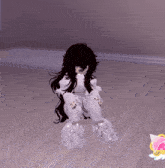 a girl with long black hair is sitting on a wooden floor