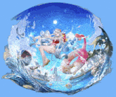 a painting of a girl in a swimsuit floating in the ocean