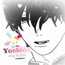 a black and white drawing of a man with the name yoshida only de cori